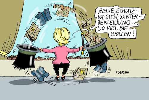 Cartoon: Fauler Zauber (medium) by RABE tagged bundeswehr,soldaten,ausrüstung,etat,winterbekleidung,zelte,schutzwesten,ursula,von,der,leyen,verteidigungsministerin,rabe,ralf,böhme,cartoon,karikatur,pressezeichnung,farbcartoon,tagescartoon,zauber,zylinder,uschi,ausrüstungsmängel,einsatzbereitschaft,bundeswehr,soldaten,ausrüstung,etat,winterbekleidung,zelte,schutzwesten,ursula,von,der,leyen,verteidigungsministerin,rabe,ralf,böhme,cartoon,karikatur,pressezeichnung,farbcartoon,tagescartoon,zauber,zylinder,uschi,ausrüstungsmängel,einsatzbereitschaft