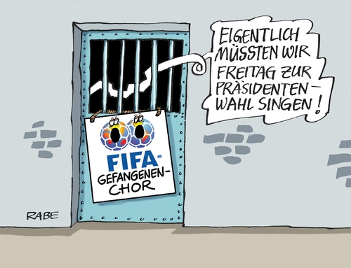 Cartoon: Fifachor (medium) by RABE tagged fifa,fussball,bestechung,wm,katar,russland,blatter,präsidentenwahl,gefängnis,knast,chor,zelle,gitterstäbe,gesang,rabe,ralf,böhme,cartoon,karikatur,pressezeichnung,farbcartoon,freitag,justizverbrechen,mafia,betrug,korruption,fifa,fussball,bestechung,wm,katar,russland,blatter,präsidentenwahl,gefängnis,knast,chor,zelle,gitterstäbe,gesang,rabe,ralf,böhme,cartoon,karikatur,pressezeichnung,farbcartoon,freitag,justizverbrechen,mafia,betrug,korruption