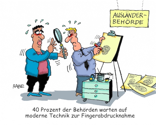 Cartoon: Fingerabdruck (medium) by RABE tagged ausländerbehörde,bamf,fingerabdruck,fingerabdrucknahme,lupe,zeichner,rabe,ralf,böhme,cartoon,karikatur,pressezeichnung,farbcartoon,tagescartoon,flüchtlinge,bewilligung,bewilligungsbescheid,ausländerbehörde,bamf,fingerabdruck,fingerabdrucknahme,lupe,zeichner,rabe,ralf,böhme,cartoon,karikatur,pressezeichnung,farbcartoon,tagescartoon,flüchtlinge,bewilligung,bewilligungsbescheid