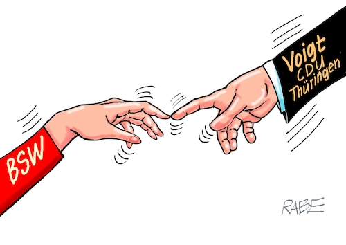 Cartoon: Fingerspitzengefühl II (medium) by RABE tagged landtagswahl,thüringen,septemper,cdu,afd,mario,voigt,bernd,höcke,tv,duell,fernsehduell,rabe,ralf,böhme,cartoon,karikatur,pressezeichnung,farbcartoon,tagescartoon,bündnis,sahra,wagenknecht,bsw,koalition,koalitionspartner,zusammenschluss,hand,finger,fingerspitzen,berührung,deckengemälde,michelangelo,landtagswahl,thüringen,septemper,cdu,afd,mario,voigt,bernd,höcke,tv,duell,fernsehduell,rabe,ralf,böhme,cartoon,karikatur,pressezeichnung,farbcartoon,tagescartoon,bündnis,sahra,wagenknecht,bsw,koalition,koalitionspartner,zusammenschluss,hand,finger,fingerspitzen,berührung,deckengemälde,michelangelo