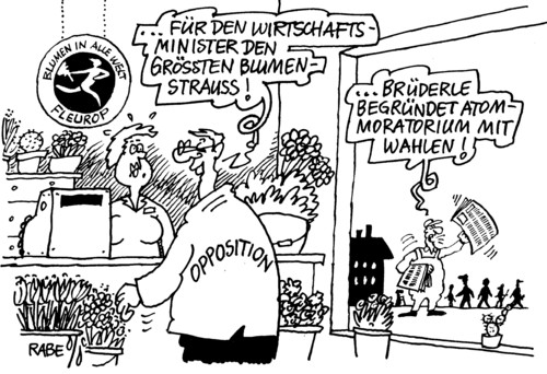 Cartoon: Fleurop (medium) by RABE tagged wirtschaftsminister,brüderle,fdp,cdu,merkel,kanzlerin,bundesregierung,wirtschaftsvertreter,wirtschaftsbosse,industrielle,bundespolitik,euro,krise,moratorium,opposition,koalition,atommoratorium,atomlobby,atomenergie,atomkraftwerk,atommeiler,plutonium,laufzeitverkürzung,abschalten,stilllegen,grüne,begrundung,landtagswahlen,mappus,stuttgart,21,beck,spd,rheinland,blumengeschäft,blumenhandel,fleurop,blumenstrauß,blumengebinde,kaktus,rosen,tulpen,nelken,astern,kassiererin,kasse,mann,frau,eimer,übertopf,zimmerpflanze,zeitung,zeitungsverkäufer,presse,schlagzeile,leute,wirtschaftsminister,brüderle,fdp,cdu,csu,merkel,kanzlerin,bundesregierung,euro,wirtschaftsbosse,industrielle,krise,wahlen,landtagswahl