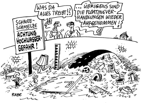 Cartoon: Floatingverhandlungen (medium) by RABE tagged floating,arbeitsplatz,verhandlungen,gewerkschaften,lohn,gehalt,euro,gestze,bildung,erziehung,lehrer,schüler,brücke,hochwasser,überschwemmung,schneeschmelze,treibgut,wasser,hochwasserpegel,hochwasserstand,kultusministerium,arbeitskampf,arbeitsplatz,verhandlungen,gewerkschaften,lohn,gehalt,euro,gestze,bildung,arbeit,job