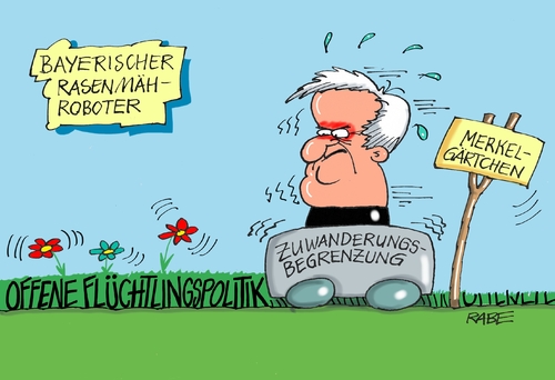 Cartoon: Flüchtlingspolitik (medium) by RABE tagged flüchtlinge,flüchtlingspolitik,zuwanderung,begrenzung,merkel,kanzlerin,willkommenskultur,seehofer,bayern,csu,abschiebung,grenzen,deutschland,eu,rabe,ralf,böhme,cartoon,karikatur,pressezeichnug,farbcartoon,tagescartoon,rasen,rasenmäher,rasenmäherroboter,innenminister,altmeier,koordination,flüchtlinge,flüchtlingspolitik,zuwanderung,begrenzung,merkel,kanzlerin,willkommenskultur,seehofer,bayern,csu,abschiebung,grenzen,deutschland,eu,rabe,ralf,böhme,cartoon,karikatur,pressezeichnug,farbcartoon,tagescartoon,rasen,rasenmäher,rasenmäherroboter,innenminister,altmeier,koordination