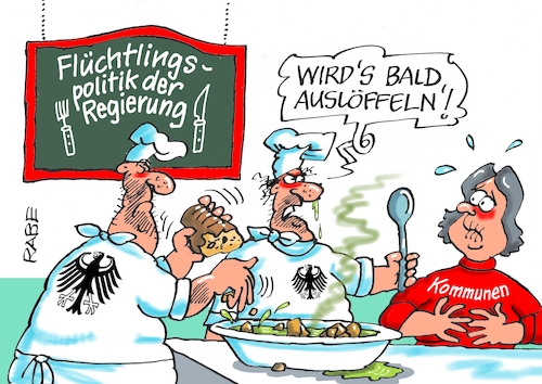 Cartoon: Flüchtlingspolitik (medium) by RABE tagged migration,flüchtlinge,flüchtlingspolitik,bund,länder,regierung,eu,kursänderung,flüchtlingsgipfel,rabe,ralf,böhme,cartoon,karikatur,pressezeichnung,farbcartoon,tagescartoon,flüchtlingsunterkünfte,schleuser,unterbringung,aufteilung,köche,brei,suppe,löffel,kommunen,migration,flüchtlinge,flüchtlingspolitik,bund,länder,regierung,eu,kursänderung,flüchtlingsgipfel,rabe,ralf,böhme,cartoon,karikatur,pressezeichnung,farbcartoon,tagescartoon,flüchtlingsunterkünfte,schleuser,unterbringung,aufteilung,köche,brei,suppe,löffel,kommunen