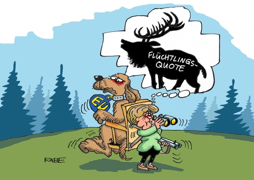 Cartoon: Flüchtlingsquote (medium) by RABE tagged merkel,kanzlerin,eu,flüchtlinge,flüchtlingsquote,imigration,flüchtlingsunterkunft,asyl,asylanten,grenzen,grenzkontrollen,aufnahmekapazität,rabe,ralf,böhme,cartoon,karikatur,pressezeichnung,farbcartoon,tagescartoon,jagd,dackel,hirsch,wald,wild,flinte,dickicht,merkel,kanzlerin,eu,flüchtlinge,flüchtlingsquote,imigration,flüchtlingsunterkunft,asyl,asylanten,grenzen,grenzkontrollen,aufnahmekapazität,rabe,ralf,böhme,cartoon,karikatur,pressezeichnung,farbcartoon,tagescartoon,jagd,dackel,hirsch,wald,wild,flinte,dickicht