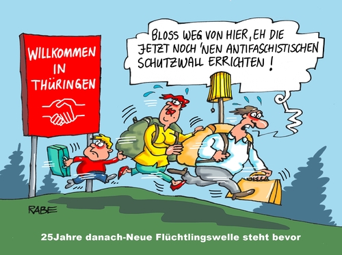 Cartoon: Flüchtlingswelle (medium) by RABE tagged landtagswahl,landesregierung,thüringen,ramelow,spitzenkandidat,linke,lieberknecht,rotrotgrün,rabe,ralf,böhme,cartoon,karikatur,pressezeichnung,farbcartoon,tagescartoon,bausewein,koalitionsverhandlungen,flucht,flüchtlinge,flüchtlingswelle,republikflucht,ddr,unrechtsstaat,stasi,sed,landtagswahl,landesregierung,thüringen,ramelow,spitzenkandidat,linke,lieberknecht,rotrotgrün,rabe,ralf,böhme,cartoon,karikatur,pressezeichnung,farbcartoon,tagescartoon,bausewein,koalitionsverhandlungen,flucht,flüchtlinge,flüchtlingswelle,republikflucht,ddr,unrechtsstaat,stasi,sed