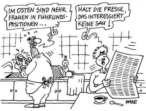 Cartoon: Frauenquote Ost (medium) by RABE tagged frauenquote,chefetage,direktor,manager,führungsposition,euro,krise,osten,ostdeutschland,neue,bundesländer,bundesregierung,parteien,opposition,koalition,fresse,sau,interesse,zeitung,kaffee,kaffetasse,küchenmöbel,spüle,geschirr,schürze,mann,frau,ehepaar,hausarbeit,geschirrspülen,wasser,wasserhahn,fit,geschirrspülmittel,küchentisch,bürste,geschirrhandtuch,familienministerin,frauenquote,führungsposition,osten,arbeitsministerin,arbeit,job,quote,frauen,gleichberechtigung