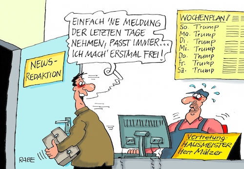 Cartoon: Freier Redakteur (medium) by RABE tagged redaktion,journalist,mitarbeiter,zeitung,tageszeitung,chefredaktion,news,newsredaktion,nachrichtenredaktion,hausmeister,urleub,freistellung,rabe,ralf,böhme,cartoon,karikatur,pressezeichnung,farbcartoon,tagescartoon,donald,trump,usa,präsident,journalismus,redaktion,journalist,mitarbeiter,zeitung,tageszeitung,chefredaktion,news,newsredaktion,nachrichtenredaktion,hausmeister,urleub,freistellung,rabe,ralf,böhme,cartoon,karikatur,pressezeichnung,farbcartoon,tagescartoon,donald,trump,usa,präsident,journalismus