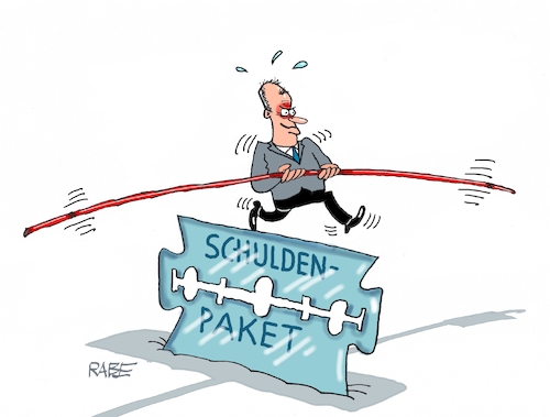 Cartoon: Fritze Klingebeil (medium) by RABE tagged ampel,ampelregierung,rot,grün,gelb,fdp,spd,grüne,rabe,ralf,böhme,cartoon,karikatur,pressezeichnung,farbcartoon,tagescartoon,inflation,einkommen,rente,rentenpaket,bruch,streit,neuwahlen,schulden,schuldenpaket,schuldenbremse,sondervermögen,fritze,merz,klinge,rasierklinge,balance,balanceakt,artist,ampel,ampelregierung,rot,grün,gelb,fdp,spd,grüne,rabe,ralf,böhme,cartoon,karikatur,pressezeichnung,farbcartoon,tagescartoon,inflation,einkommen,rente,rentenpaket,bruch,streit,neuwahlen,schulden,schuldenpaket,schuldenbremse,sondervermögen,fritze,merz,klinge,rasierklinge,balance,balanceakt,artist