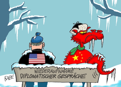 Cartoon: Frost und Frust (medium) by RABE tagged usa,china,peking,aussenminister,drache,drachenrabe,ralf,böhme,cartoon,karikatur,pressezeichnung,farbcartoon,tagescartoon,schnee,bank,frost,eiszapfen,kälte,diplomatie,außenminister,qui,usa,china,peking,aussenminister,drache,drachenrabe,ralf,böhme,cartoon,karikatur,pressezeichnung,farbcartoon,tagescartoon,schnee,bank,frost,eiszapfen,kälte,diplomatie,außenminister,qui