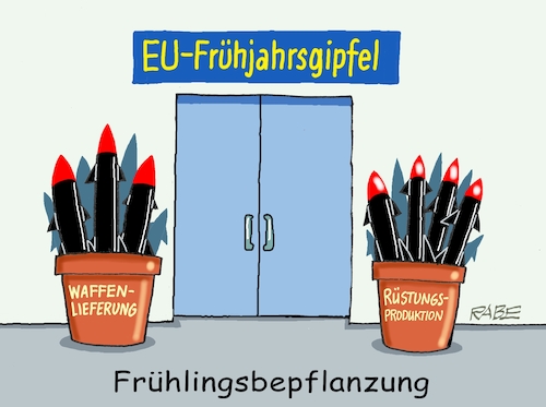 Cartoon: Frühblüher (medium) by RABE tagged krise,krisenzeiten,klimakrise,ukrainekrieg,inflation,rückzug,rabe,ralf,böhme,cartoon,karikatur,pressezeichnung,farbcartoon,tagescartoon,eu,gipfel,frühjahrsgipfel,brüssel,frühling,frühlingsbepflanzung,töpfe,raketen,marschflugkörper,waffen,waffenlieferung,rüstungsproduktion,rüstungsgüter,krise,krisenzeiten,klimakrise,ukrainekrieg,inflation,rückzug,rabe,ralf,böhme,cartoon,karikatur,pressezeichnung,farbcartoon,tagescartoon,eu,gipfel,frühjahrsgipfel,brüssel,frühling,frühlingsbepflanzung,töpfe,raketen,marschflugkörper,waffen,waffenlieferung,rüstungsproduktion,rüstungsgüter