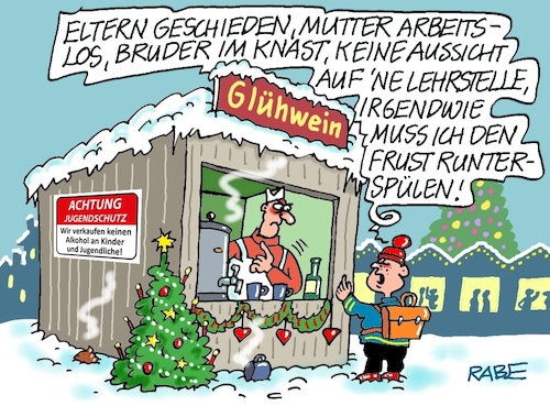 Cartoon: Frusttrinker (medium) by RABE tagged ampel,ampelregierung,rot,grün,gelb,fdp,spd,grüne,rabe,ralf,böhme,cartoon,karikatur,pressezeichnung,farbcartoon,tagescartoon,inflation,einkommen,rente,rentenpaket,bruch,streit,neuwahlen,weihnachten,weihnachtsmarkt,schüler,glühwein,glühweinstand,frust,arbeitslosigkeit,scheidung,knast,lehrstelle