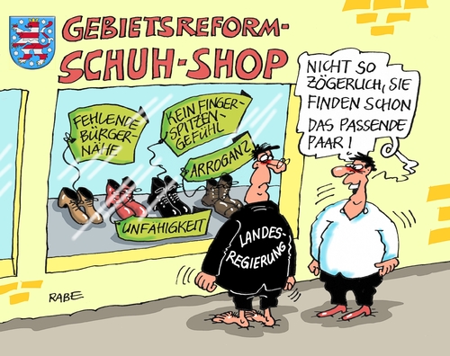 Cartoon: Gebietsreform Zwo (medium) by RABE tagged thüringen,erfurt,innenministerim,poppenhäger,gebietsreform,kommunen,gemeinden,landkreise,zusammenschluß,zwang,rabe,ralf,böhme,cartoon,karikatur,pressezeichnung,farbcartoon,tagescartoon,schuhe,schuhshop,fingerspitzengefühl,barfuss,thüringen,erfurt,innenministerim,poppenhäger,gebietsreform,kommunen,gemeinden,landkreise,zusammenschluß,zwang,rabe,ralf,böhme,cartoon,karikatur,pressezeichnung,farbcartoon,tagescartoon,schuhe,schuhshop,fingerspitzengefühl,barfuss