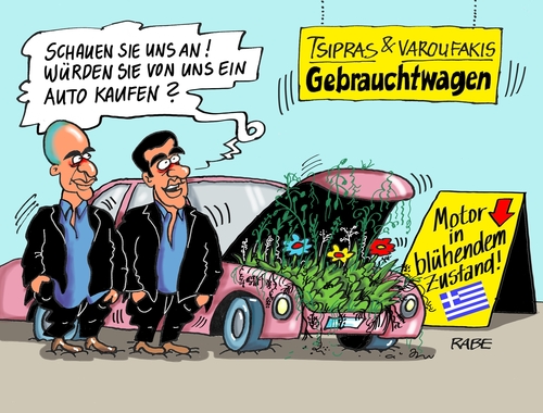 Cartoon: Gebrauchtwagen (medium) by RABE tagged griechen,griechenland,schuldenscnitt,varoufakis,tsipras,schäuble,reformprogramm,eu,eurozone,rabe,ralf,böhme,cartoon,tagescartoon,karikatur,athen,aufschub,ezb,geldgeber,rückzahlung,rettungsschirm,griechen,griechenland,schuldenscnitt,varoufakis,tsipras,schäuble,reformprogramm,eu,eurozone,rabe,ralf,böhme,cartoon,tagescartoon,karikatur,athen,aufschub,ezb,geldgeber,rückzahlung,rettungsschirm