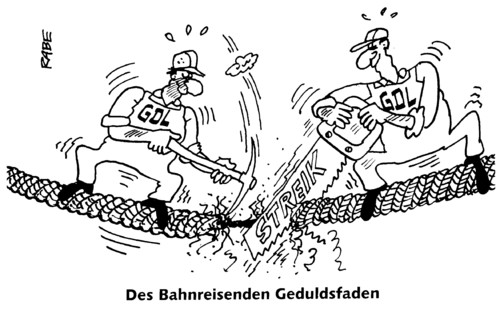 Cartoon: Geduldsfaden (medium) by RABE tagged gewerkschaften,streik,lokführergewerkschaft,gdl,db,deutsche,bahn,ag,lohnforderung,gehalt,euro,krise,abkoppeln,bahnreisende,bahnkunden,bahnsteig,verspätung,zugausfall,verkehrsminister,bundesregierung,csu,ramsauer,bahnchef,gewerkschaftssprecher,gehaltsforderungen,bahngleis,prellbock,umsteigen,bahnsteigkante,geduldsfaden,drahtseil,bahnstreik,arbeitskampf,nerven,gdl,gewerkschaft,lohnerhöhunggehalt,bahnsprecher,deutsche bahn,deutsche,bahn