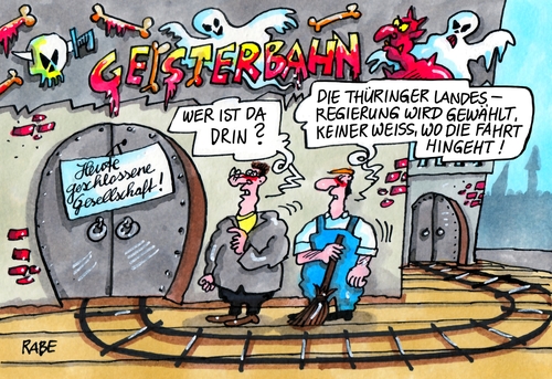 Cartoon: Geisterbahn (medium) by RABE tagged lieberknecht,thüringen,neuwahlen,cdu,linke,ramelow,grüne,sondierung,rabe,ralf,böhme,cartoon,karikatur,pressezeichnung,farbcartoon,tagescartoon,bausewein,spd,koalition,bodo,ministerpräsidentenwahl,geist,geisterbahn,gespensterbahn,lieberknecht,thüringen,neuwahlen,cdu,linke,ramelow,grüne,sondierung,rabe,ralf,böhme,cartoon,karikatur,pressezeichnung,farbcartoon,tagescartoon,bausewein,spd,koalition,bodo,ministerpräsidentenwahl,geist,geisterbahn,gespensterbahn