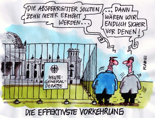 Cartoon: Generaldebatte Reichstag (medium) by RABE tagged sicherheit,bundestag,haushaltsdebatte,absperrgitter,erhöhung,gespräch,effektivität,terror,sicherheit,bundestag,haushaltsdebatte,absperrgitter,erhöhung,gespräch,effektivität,terror,terrorismus,terroristen,warnung,anschlag