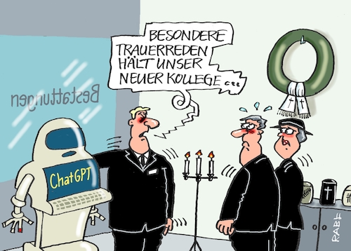 Cartoon: Gestatten bestatten (medium) by RABE tagged chatgpt,intelligenz,roboter,ki,volker,wissing,fdp,rabe,ralf,böhme,cartoon,karikatur,pressezeichnung,farbcartoon,tagescartoon,bestattungen,bestattungsinstitut,traauer,trauerreden,trauerredner,urne,leuchter,kranz,kranzschleifen,chatgpt,intelligenz,roboter,ki,volker,wissing,fdp,rabe,ralf,böhme,cartoon,karikatur,pressezeichnung,farbcartoon,tagescartoon,bestattungen,bestattungsinstitut,traauer,trauerreden,trauerredner,urne,leuchter,kranz,kranzschleifen