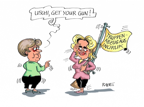 Cartoon: Get Your Gun (medium) by RABE tagged incirlik,bundeswehr,stützpunkt,nato,abgeordnete,besuch,türkei,ankara,erdogan,spd,gabriel,aussenminister,verhältnis,verbot,truppenabzug,rabe,ralf,böhme,cartoon,karikatur,pressezeichnung,farbcartoon,tagescartoon,gewehr,usch,gun,verteidigungsministerin,ursula,von,der,leyen,incirlik,bundeswehr,stützpunkt,nato,abgeordnete,besuch,türkei,ankara,erdogan,spd,gabriel,aussenminister,verhältnis,verbot,truppenabzug,rabe,ralf,böhme,cartoon,karikatur,pressezeichnung,farbcartoon,tagescartoon,gewehr,usch,gun,verteidigungsministerin,ursula,von,der,leyen