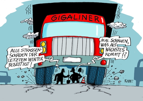 Cartoon: Gigaliner (medium) by RABE tagged gigaliner,laster,großraumlaster,riesenlaster,transportgüter,test,autobahn,straße,rabe,ralf,böhme,cartoon,karikatur,pressezeichnung,farbcartoon,tagescartoon,lkw,spedition,straßenschäden,asphalt,frost,winter,eis,kälte,bauarbeiter,fahrbahnschäden,gigaliner,laster,großraumlaster,riesenlaster,transportgüter,test,autobahn,straße,rabe,ralf,böhme,cartoon,karikatur,pressezeichnung,farbcartoon,tagescartoon,lkw,spedition,straßenschäden,asphalt,frost,winter,eis,kälte,bauarbeiter,fahrbahnschäden