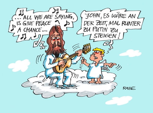 Cartoon: Give Peace Variante Zwei (medium) by RABE tagged frieden,peace,friedensverhandlung,john,lennon,wolke,himmel,engel,merkel,hollande,putin,poroschenko,minsk,ukraine,ukrainekrise,rabe,ralf,böhme,cartoon,karikatur,pressezeichnung,farbcartoon,tagescartoon,friedensgespräche,moskau,nato,obama,usa,separatisten,russland,frieden,peace,friedensverhandlung,john,lennon,wolke,himmel,engel,merkel,hollande,putin,poroschenko,minsk,ukraine,ukrainekrise,rabe,ralf,böhme,cartoon,karikatur,pressezeichnung,farbcartoon,tagescartoon,friedensgespräche,moskau,nato,obama,usa,separatisten,russland