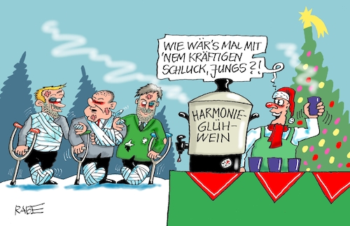 Cartoon: Glühwein Spezial (medium) by RABE tagged ampelregierung,scholz,spd,grüne,fdp,lindner,kinder,kindergrundsicherung,rabe,ralf,böhme,cartoon,karikatur,pressezeichnung,farbcartoon,tagescartoon,hausmeister,ohren,zähne,habeck,krücken,mullbinden,verband,gips,veilchen,weihnachten,winter,weihnachtsmarkt,weihnachtsbaum,glühwein,glühweinstand,harmonie,haushalt,haushaltskompromiss,schuldenbremse,ampelregierung,scholz,spd,grüne,fdp,lindner,kinder,kindergrundsicherung,rabe,ralf,böhme,cartoon,karikatur,pressezeichnung,farbcartoon,tagescartoon,hausmeister,ohren,zähne,habeck,krücken,mullbinden,verband,gips,veilchen,weihnachten,winter,weihnachtsmarkt,weihnachtsbaum,glühwein,glühweinstand,harmonie,haushalt,haushaltskompromiss,schuldenbremse