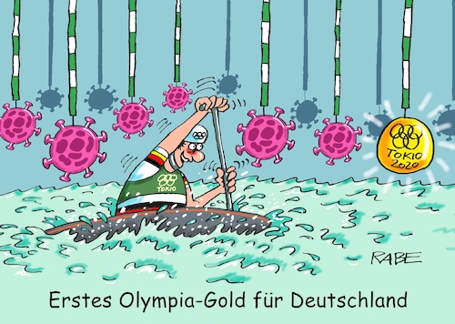 Cartoon: Goldiges (medium) by RABE tagged olympiade,sport,tokio,japan,sportler,olympiafeuer,feuer,flamme,rabe,ralf,böhme,cartoon,karikatur,pressezeichnung,farbcartoon,tagescartoon,fechter,säbel,degen,florett,spieß,corona,virus,deltavirus,goldmedaillie,kanu,wassersport,olympiagold,olympiade,sport,tokio,japan,sportler,olympiafeuer,feuer,flamme,rabe,ralf,böhme,cartoon,karikatur,pressezeichnung,farbcartoon,tagescartoon,fechter,säbel,degen,florett,spieß,corona,virus,deltavirus,goldmedaillie,kanu,wassersport,olympiagold