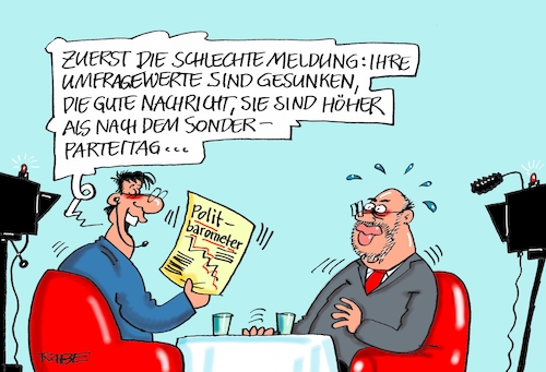 Cartoon: Good News and bad News (medium) by RABE tagged spd,martin,schulz,sonderparteitag,abstimmung,union,groko,sondierung,koalitionsverhandlungen,rabe,ralf,böhme,cartoon,karikatur,pressezeichnung,farbcartoon,tagescartoon,umfragewerte,umfragetief,politbarometer,nachrichten,meldungen,news,spd,martin,schulz,sonderparteitag,abstimmung,union,groko,sondierung,koalitionsverhandlungen,rabe,ralf,böhme,cartoon,karikatur,pressezeichnung,farbcartoon,tagescartoon,umfragewerte,umfragetief,politbarometer,nachrichten,meldungen