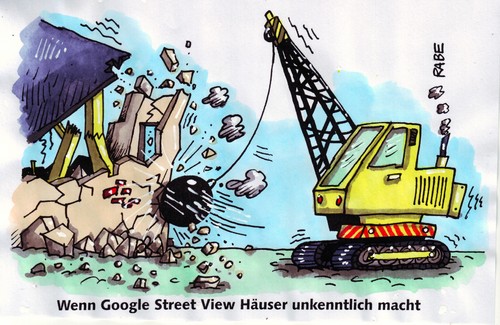 Cartoon: Google Street-View (medium) by RABE tagged google,street,view,bagger,zertrümmern,ruine,wegpixeln,internet,häuser,nachbarn,straßen,fotografieren,luftbildaufnahmen,abrißbirne,baggerfahrer,pixel,monitor,rechner,bildschirm,google street view,google,internet,ortung,nachbarn,straßen,fotografieren,zensur,pixel,datenschutz,privatsphäre,street,view