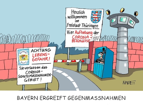 Cartoon: Grenzkontrollen (medium) by RABE tagged virus,corona,pandemie,coronakrise,rabe,ralf,böhme,cartoon,karikatur,pressezeichnung,farbcartoon,tagescartoon,viren,virenschutz,mundschutz,desinfektion,föderal,föderalismus,ländersache,lockerung,lockdown,aufhebung,thüringen,bayern,bodo,ramelow,markus,söder,maskenpflicht,abstandsregeln,virus,corona,pandemie,coronakrise,rabe,ralf,böhme,cartoon,karikatur,pressezeichnung,farbcartoon,tagescartoon,viren,virenschutz,mundschutz,desinfektion,föderal,föderalismus,ländersache,lockerung,lockdown,aufhebung,thüringen,bayern,bodo,ramelow,markus,söder,maskenpflicht,abstandsregeln