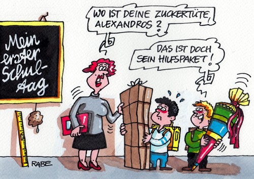 Cartoon: Griechenlandtüte (medium) by RABE tagged griechenland,athen,hilfspaket,rettungsschirm,euro,eurokrise,schäuble,cdu,bundesfinanzminister,schuldenkrise,schuldenschnitt,rabe,ralf,böhme,cartoon,karikatur,pressezeichnung,farbcartoon,schule,schulanfang,zuckertüte,grundschule,schuler,lehrer,unterstufe,erstklässler,schultafel,klassenzimmer,überschuss,staatspleite,eurozone,griechenland,athen,hilfspaket,rettungsschirm,euro,eurokrise,schäuble,cdu,bundesfinanzminister,schuldenkrise,schuldenschnitt,rabe,ralf,böhme,cartoon,karikatur,pressezeichnung,farbcartoon,schule,schulanfang,zuckertüte,grundschule,schuler,lehrer,unterstufe,erstklässler,schultafel,klassenzimmer,überschuss,staatspleite,eurozone