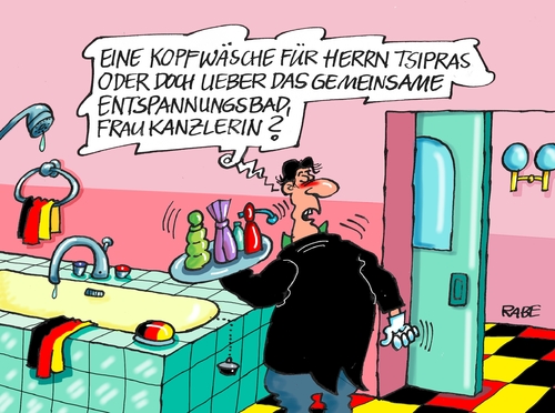 Cartoon: Griechischer Montag (medium) by RABE tagged griechenland,athen,euro,eurozone,austritt,finanzchefs,rabe,ralf,böhme,cartoon,karikatur,pressezeichnung,farbcartoon,tagescartoon,grieche,wüste,linksbündnis,rechtspartei,koalition,syriza,tsipras,berlin,kanzleramt,merkel,staatsbesuch,bad,badewanne,entspannung,entspannungsbad,kopfwäsche,griechenland,athen,euro,eurozone,austritt,finanzchefs,rabe,ralf,böhme,cartoon,karikatur,pressezeichnung,farbcartoon,tagescartoon,grieche,wüste,linksbündnis,rechtspartei,koalition,syriza,tsipras,berlin,kanzleramt,merkel,staatsbesuch,bad,badewanne,entspannung,entspannungsbad,kopfwäsche