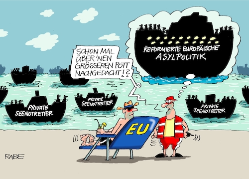 Cartoon: Grösserer Kahn (medium) by RABE tagged flüchtlinge,mittelmeer,flüchtlingskrise,seenotrettung,seehofer,union,cdu,csu,spd,kahn,pott,rabe,ralf,böhme,cartoon,karikatur,pressezeichnung,farbcartoon,tagescartoon,asylpolitik,reform,eu,moria,obergrenze,ngo,einwanderung,wirtschaftsmigranten,außengrenzen,flüchtlinge,mittelmeer,flüchtlingskrise,seenotrettung,seehofer,union,cdu,csu,spd,kahn,pott,rabe,ralf,böhme,cartoon,karikatur,pressezeichnung,farbcartoon,tagescartoon,asylpolitik,reform,eu,moria,obergrenze,ngo,einwanderung,wirtschaftsmigranten,außengrenzen