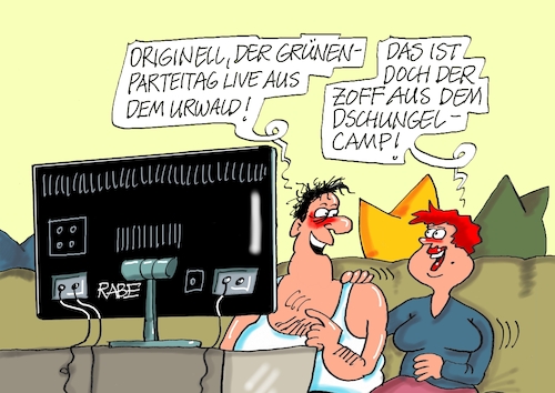 Cartoon: Grünen Zoff (medium) by RABE tagged ampel,ampelregierung,rot,grün,gelb,fdp,spd,grüne,rabe,ralf,böhme,cartoon,karikatur,pressezeichnung,farbcartoon,tagescartoon,inflation,einkommen,rente,rentenpaket,bruch,streit,neuwahlen,wahlkampf,parteitag,habeck,zoff,wahlversprechen,tv,ehepaar,dschungel,urwald,dschungelcamp,rtl,ampel,ampelregierung,rot,grün,gelb,fdp,spd,grüne,rabe,ralf,böhme,cartoon,karikatur,pressezeichnung,farbcartoon,tagescartoon,inflation,einkommen,rente,rentenpaket,bruch,streit,neuwahlen,wahlkampf,parteitag,habeck,zoff,wahlversprechen,tv,ehepaar,dschungel,urwald,dschungelcamp,rtl