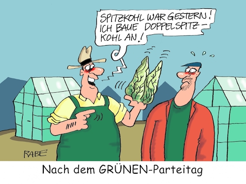 Cartoon: Grünenparteitag (medium) by RABE tagged klimawandel,umwelt,umweltministerin,schulze,sp,klimapreis,heizung,auto,rabe,ralf,böhme,cartoon,karikatur,pressezeichnung,farbcartoon,tagescartoon,brücke,bettler,verkehr,klimaprämie,friday,for,future,parteitag,bielefeld,grüne,grünenparteitag,habeck,bärbock,baerbock,doppelspitze,wiederwahl,gärtner,gemüseanbau,spitzkohl,kohl,dopelspitzkohl,klimawandel,umwelt,umweltministerin,schulze,sp,klimapreis,heizung,auto,rabe,ralf,böhme,cartoon,karikatur,pressezeichnung,farbcartoon,tagescartoon,brücke,bettler,verkehr,klimaprämie,friday,for,future,parteitag,bielefeld,grüne,grünenparteitag,habeck,bärbock,baerbock,doppelspitze,wiederwahl,gärtner,gemüseanbau,spitzkohl,kohl,dopelspitzkohl