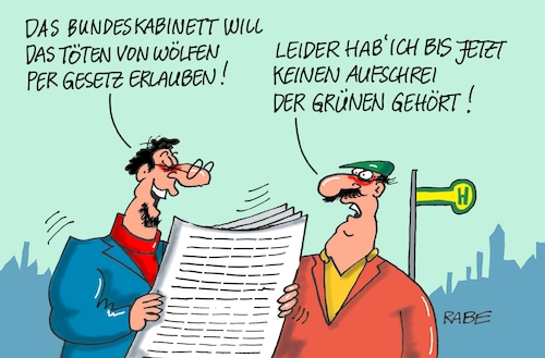 Cartoon: Grüner Aufschrei (medium) by RABE tagged bundeskabinett,gesetzentwurf,wolf,wölfe,schäfer,tötung,entnahme,rabe,ralf,böhme,cartoon,karikatur,pressezeichnung,farbcartoon,tagescartoon,jäger,wolfsrudel,wolfsriss,bundeskabinett,gesetzentwurf,wolf,wölfe,schäfer,tötung,entnahme,rabe,ralf,böhme,cartoon,karikatur,pressezeichnung,farbcartoon,tagescartoon,jäger,wolfsrudel,wolfsriss