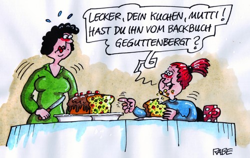 Cartoon: Guttenbergnapfkuchen (medium) by RABE tagged guttenberg,csu,rücktritt,plagiat,plagiatsaffäre,kopieren,abschreiben,doktorarbeit,uni,mentor,professor,fussnote,betrug,unehrlichkeit,backen,backbuch,kuchen,kuchenteig,lecker,mutti,tochter,kind,mädchen,backstube,guttenberg,csu,rücktritt,plagiat,plagiatsaffäre,abschreiben,doktorarbeit,professor,fussnote,betrug,kuchen