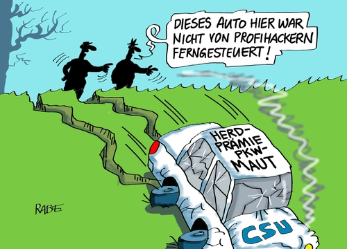 Cartoon: Hacker (medium) by RABE tagged csu,herdprämie,maut,dobrindt,seehofer,horst,bayern,asylanten,balkanstaaten,rabe,ralf,böhme,cartoon,karikatur,pressezeichnung,farbcartoon,pkw,hacker,fernsteuerung,grabeb,strassengraben,csu,herdprämie,maut,dobrindt,seehofer,horst,bayern,asylanten,balkanstaaten,rabe,ralf,böhme,cartoon,karikatur,pressezeichnung,farbcartoon,pkw,hacker,fernsteuerung,grabeb,strassengraben