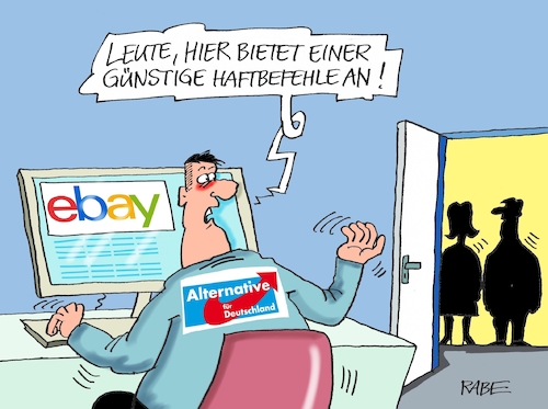 Cartoon: Haftbefehl (medium) by RABE tagged chemnitz,sachsen,aufmarsch,demo,rabe,ralf,böhme,cartoon,karikatur,pressezeichnung,farbcartoon,tagescartoon,dresden,polizei,afd,haftbefehl,syrer,beamter,justizbeamter,lka,straftat,ebay,onlinehändler,bieter,bildschirm,höchsgebot,chemnitz,sachsen,aufmarsch,demo,rabe,ralf,böhme,cartoon,karikatur,pressezeichnung,farbcartoon,tagescartoon,dresden,polizei,afd,haftbefehl,syrer,beamter,justizbeamter,lka,straftat,ebay,onlinehändler,bieter,bildschirm,höchsgebot