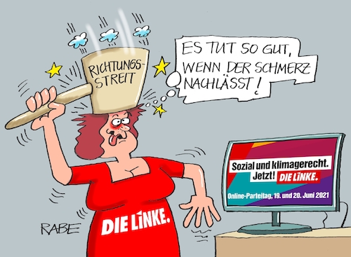 Cartoon: Hammerhart (medium) by RABE tagged die,linke,onlkine,onlineparteitag,berlin,richtungsstreit,wagenknecht,wissler,hennig,wellsow,parteispitze,rabe,ralf,böhme,cartoon,karikatur,pressezeichnung,farbcartoon,tagescartoon,pc,bildschitm,hammer,holzhammer,schmerz,umfragewerte,parteiprogramm,wahlprogramm,rammelow,die,linke,onlkine,onlineparteitag,berlin,richtungsstreit,wagenknecht,wissler,hennig,wellsow,parteispitze,rabe,ralf,böhme,cartoon,karikatur,pressezeichnung,farbcartoon,tagescartoon,pc,bildschitm,hammer,holzhammer,schmerz,umfragewerte,parteiprogramm,wahlprogramm,rammelow