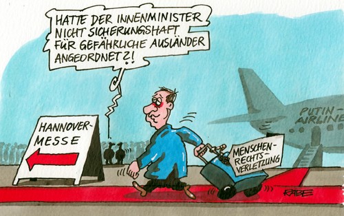 Cartoon: Hannovermesse (medium) by RABE tagged hannovermesse,hannover,merkel,kanzlerin,cdu,putin,moskau,menschenrechte,demokratie,putingeger,innenminister,friedrich,csu,sicherheit,sicherungshaft,äusländer,gefahr,rabe,ralf,böhme,cartoon,karikatur,russland,präsident,messe,ausstellung,industrieschau,opposition,kreml,kremlchef,partnerland,proteste,oppositionelle,kritiker,demokratieblockade,flughafen,koffer,gangway,teppich,rollfeld,empfang,hannovermesse,hannover,merkel,kanzlerin,cdu,putin,moskau,menschenrechte,demokratie,putingeger,innenminister,friedrich,csu,sicherheit,sicherungshaft,äusländer,gefahr,rabe,ralf,böhme,cartoon,karikatur,russland,präsident,messe,ausstellung,industrieschau,opposition,kreml,kremlchef,partnerland,proteste,oppositionelle,kritiker,demokratieblockade,flughafen,koffer,gangway,teppich,rollfeld,empfang