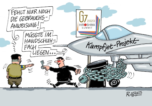 Cartoon: Hanschuhfach (medium) by RABE tagged hiroshima,japan,sieben,gipfel,biden,scholz,selenskyj,ukraine,kampfjet,kampfjetprojekt,kampfflieger,rabe,ralf,böhme,cartoon,karikatur,farbcartoon,pressezeichnung,tagescartoon,bedienungsanleitung,handschuhfachfach,betriebsanleitung,hiroshima,japan,sieben,gipfel,biden,scholz,selenskyj,ukraine,kampfjet,kampfjetprojekt,kampfflieger,rabe,ralf,böhme,cartoon,karikatur,farbcartoon,pressezeichnung,tagescartoon,bedienungsanleitung,handschuhfachfach,betriebsanleitung