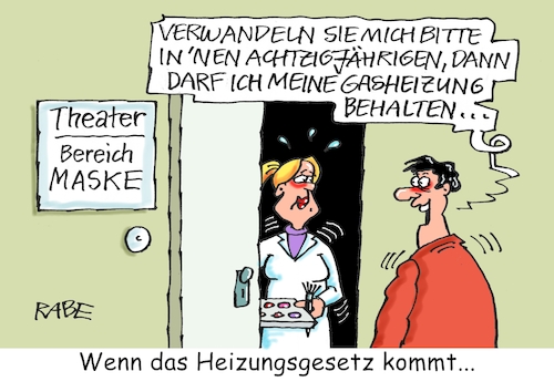 Cartoon: Heizungstausch (medium) by RABE tagged klima,klimaziele,klimawende,ampel,wissing,streit,umsetzung,rabe,ralf,böhme,cartoon,karikatur,pressezeichnung,farbcartoon,tagescartoon,dürre,klimakatastrophe,heizung,heizungsgesetz,heizungstausch,wärmepumpen,gasheizung,ölheizung,achtzigjähriger,theater,maske,maskenbildnerin,schminke,klima,klimaziele,klimawende,ampel,wissing,streit,umsetzung,rabe,ralf,böhme,cartoon,karikatur,pressezeichnung,farbcartoon,tagescartoon,dürre,klimakatastrophe,heizung,heizungsgesetz,heizungstausch,wärmepumpen,gasheizung,ölheizung,achtzigjähriger,theater,maske,maskenbildnerin,schminke