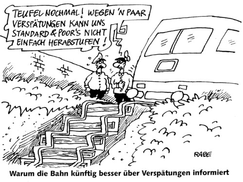 Cartoon: Herabgestuftes (medium) by RABE tagged deutsche,bahn,ag,grube,bahnchef,verspätung,bahnhof,gleise,schienen,stufen,schaffner,personal,ice,personenzug,fahrplan,bahnsteig,abstufung,moodys,ratingagentur,abwertung,kreditwürdig,euro,krise,eu,brüssel,verkehrbetrieb,bahngesellschaft,deutsche bahn,db,ag,bahnchef,grube,verspätung,unpünktlichkeit,reisende,bahnsteig,fahrplan,ankunftszeit,deutsche,bahn