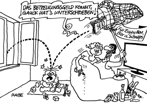 Cartoon: Herdprämie (medium) by RABE tagged gauckunterschrift,gauck,betreuungsgeld,herdprämie,seehofer,csu,rabe,cartoon,karikatur,ralf,böhme,elterngeld,kita,kitaplatz,couch,kinder,baby,tagesmutter,erziehrinnen,gauckunterschrift,gauck,betreuungsgeld,herdprämie,seehofer,csu,rabe,cartoon,karikatur,ralf,böhme,elterngeld,kita,kitaplatz,couch,kinder,baby,tagesmutter,erziehrinnen