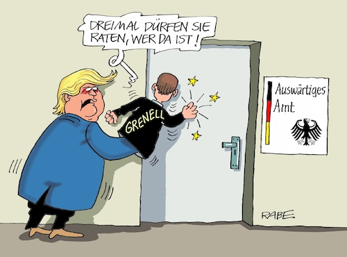 Cartoon: Herein wenns kein Grenell ist (medium) by RABE tagged donald,trump,usa,us,president,washington,botschaften,länder,hauptstädte,rabe,ralf,böhme,cartoon,karikatur,pressezeichnung,farbcartoon,tagescartoon,grenell,botschafter,auswärtiges,amt,diplomat,maas,auftreten,antrittsbesuch,marionette,kasperpuppe,einbestellung,benehmen,donald,trump,usa,us,president,washington,botschaften,länder,hauptstädte,rabe,ralf,böhme,cartoon,karikatur,pressezeichnung,farbcartoon,tagescartoon,grenell,botschafter,auswärtiges,amt,diplomat,maas,auftreten,antrittsbesuch,marionette,kasperpuppe,einbestellung,benehmen