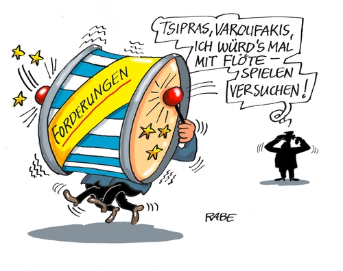 Cartoon: Heute haun wir auf die Pauke (medium) by RABE tagged griechenland,griechen,euroaustritt,tsipras,varoufakis,eurozone,brüssel,finanzchefs,kredit,grexit,rabe,ralf,böhme,cartoon,karikatur,pressezeichnung,farbcartoon,tagescartoon,trommel,pauke,forderungen,flöte,griechenland,griechen,euroaustritt,tsipras,varoufakis,eurozone,brüssel,finanzchefs,kredit,grexit,rabe,ralf,böhme,cartoon,karikatur,pressezeichnung,farbcartoon,tagescartoon,trommel,pauke,forderungen,flöte