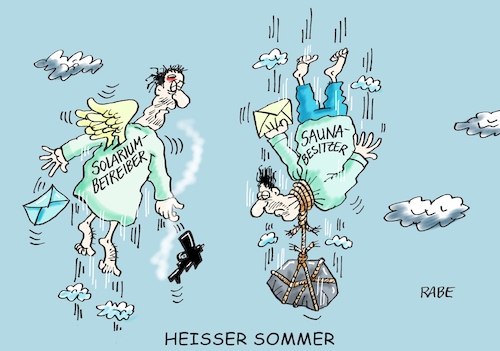 Cartoon: Hitziges (medium) by RABE tagged sommer,sommerpause,urlaub,ferien,kältewelle,sommerloch,regenwetter,kälte,schlechtwetterfront,rabe,ralf,böhme,cartoon,karikatur,pressezeichnung,farbcartoon,tagescartoon,sauna,solarium,solariumbetreiber,saunabesitzer,hitzewelle,hitzerekord,hundstage,hitzschlag,temperaturanstieg,grad,celsius,sonne,wärmestau,engel,selbstmord,selbstmörder,suizid,strick,felsbrocken,pistole,kopfschuß,sommer,sommerpause,urlaub,ferien,kältewelle,sommerloch,regenwetter,kälte,schlechtwetterfront,rabe,ralf,böhme,cartoon,karikatur,pressezeichnung,farbcartoon,tagescartoon,sauna,solarium,solariumbetreiber,saunabesitzer,hitzewelle,hitzerekord,hundstage,hitzschlag,temperaturanstieg,grad,celsius,sonne,wärmestau,engel,selbstmord,selbstmörder,suizid,strick,felsbrocken,pistole,kopfschuß