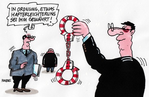 Cartoon: Hoeneß-Urteil Haftmilderung (medium) by RABE tagged uli,hoeneß,urteil,haftstrafe,münchen,landesgericht,steuerhinterziehung,steuerparadies,richter,staatsanwalt,justizpalast,rabe,ralf,böhme,cartoon,karikatur,pressezeichnung,farbcartoon,handschellen,steuerprozess,verteidiger,bewährungsstrafe,strafmass,knast,schuldig,selbstanzeige,steuern,finanzamt,präsident,bayernboss,bayernpräsident,staatsanwaltschaft,uli,hoeneß,urteil,haftstrafe,münchen,landesgericht,steuerhinterziehung,steuerparadies,richter,staatsanwalt,justizpalast,rabe,ralf,böhme,cartoon,karikatur,pressezeichnung,farbcartoon,handschellen,steuerprozess,verteidiger,bewährungsstrafe,strafmass,knast,schuldig,selbstanzeige,steuern,finanzamt,präsident,bayernboss,bayernpräsident,staatsanwaltschaft