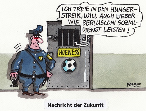 Cartoon: Hoeneßhunger (medium) by RABE tagged berlusconie,steuerhinterziehung,steuernetrug,italien,staatschef,haftstrafe,sozialdienst,uli,silvio,hoeneß,bayernboss,bayernchef,rabe,ralf,böhme,cartoon,karikatur,pressezeichnung,farbcartoon,haftanstalt,haftantritt,gefängnis,knast,steuerbetrüger,selbstanzeige,fußball,gefängniswärter,zelle,gitter,berlusconie,steuerhinterziehung,steuernetrug,italien,staatschef,haftstrafe,sozialdienst,uli,silvio,hoeneß,bayernboss,bayernchef,rabe,ralf,böhme,cartoon,karikatur,pressezeichnung,farbcartoon,haftanstalt,haftantritt,gefängnis,knast,steuerbetrüger,selbstanzeige,fußball,gefängniswärter,zelle,gitter